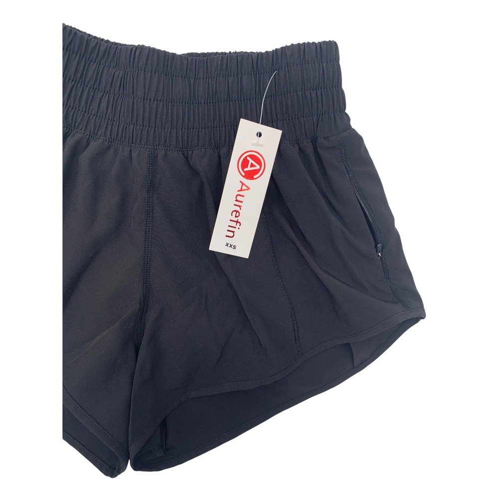 Aurefin Womens Black Running Shorts Smocked High Waist Athletic Gym XXS NWT - Picture 3 of 4